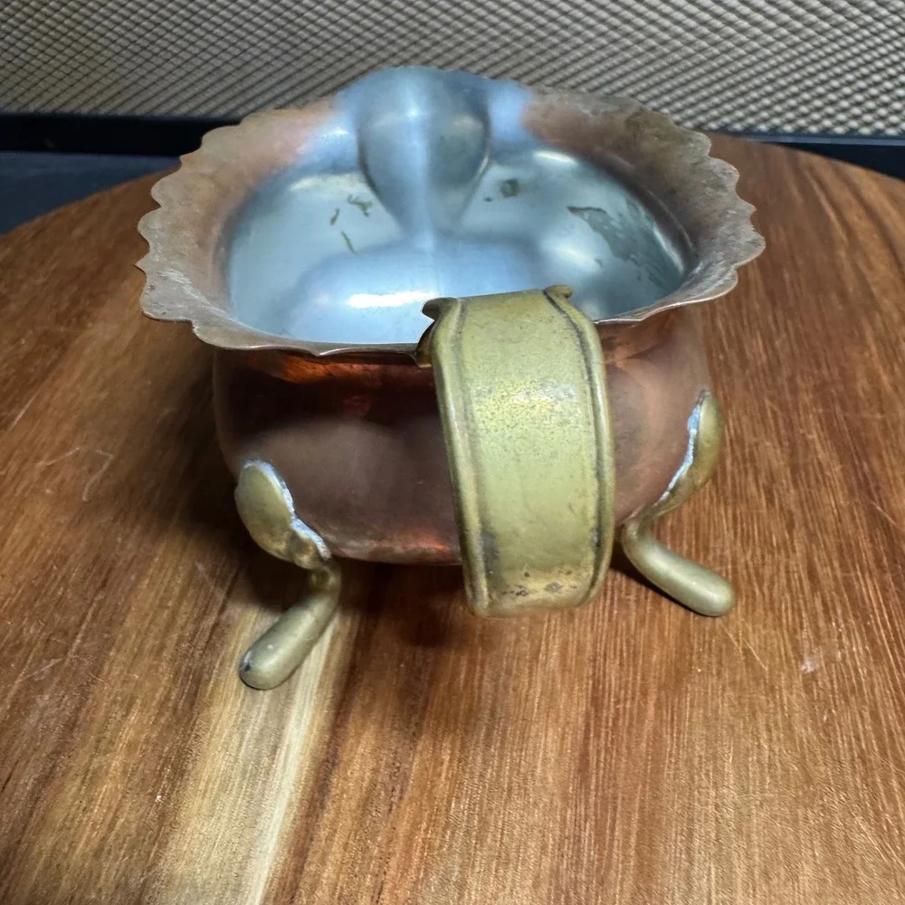 Vintage Copper Creamer Pitcher Scalloped Rim Brass Footed Tripod Base Patina